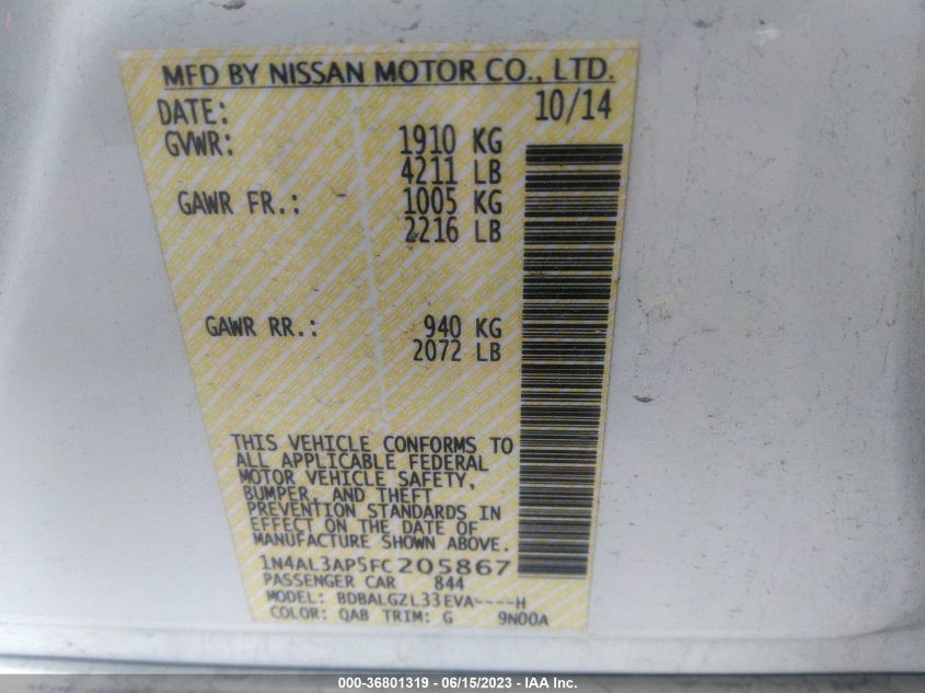 2015 NISSAN ALTIMA 2.5/S/SV/SL - 1N4AL3AP5FC205867