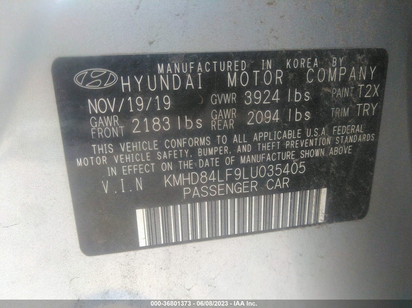 VIN KMHD84LF9LU035405 2020 HYUNDAI ELANTRA SEL