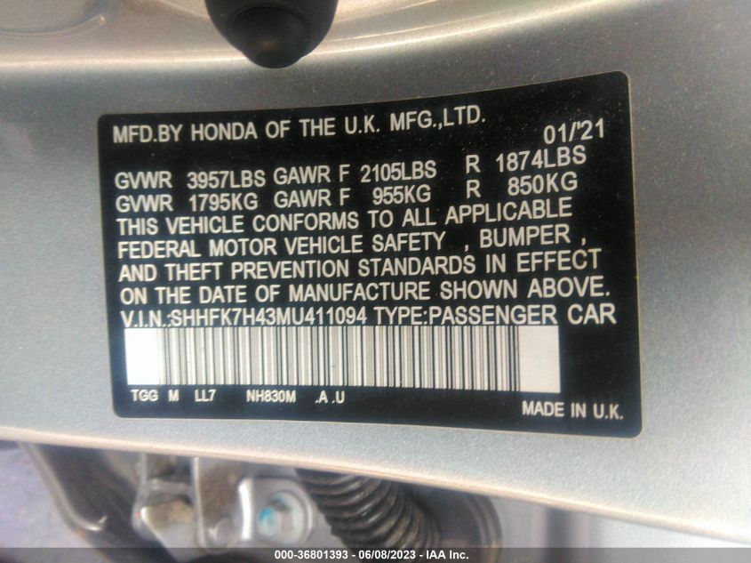 2021 HONDA CIVIC HATCHBACK SPORT - SHHFK7H43MU411094