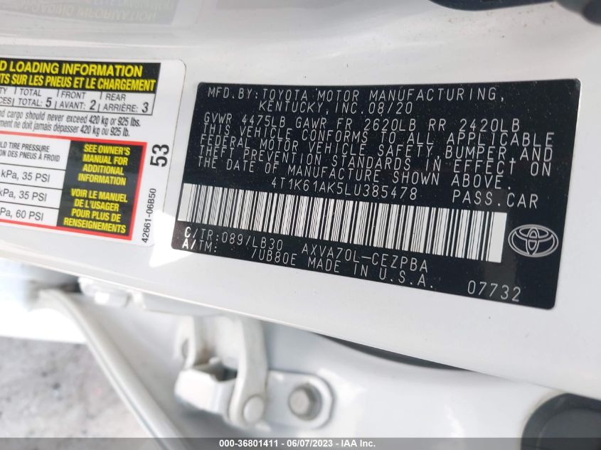 2020 TOYOTA CAMRY XSE - 4T1K61AK5LU385478