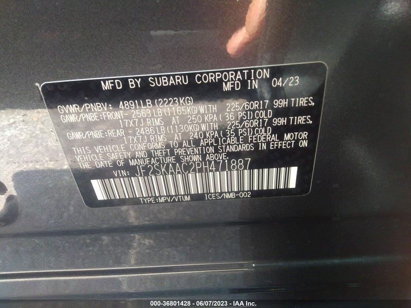 VIN JF2SKAAC2PH471887 2023 SUBARU FORESTER
