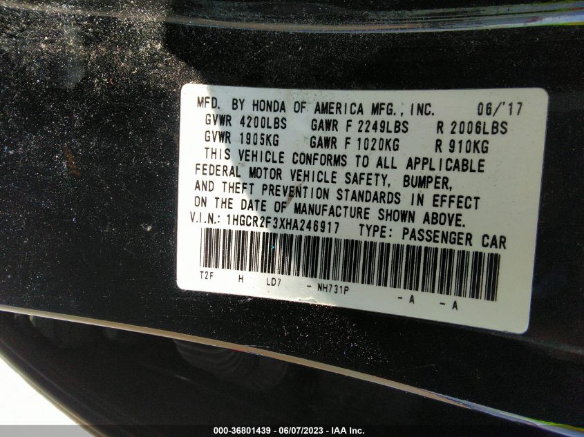 2017 HONDA ACCORD SEDAN LX - 1HGCR2F3XHA246917