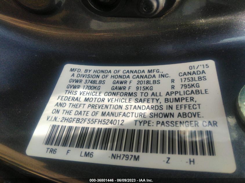 2015 HONDA CIVIC SEDAN LX - 2HGFB2F55FH524012