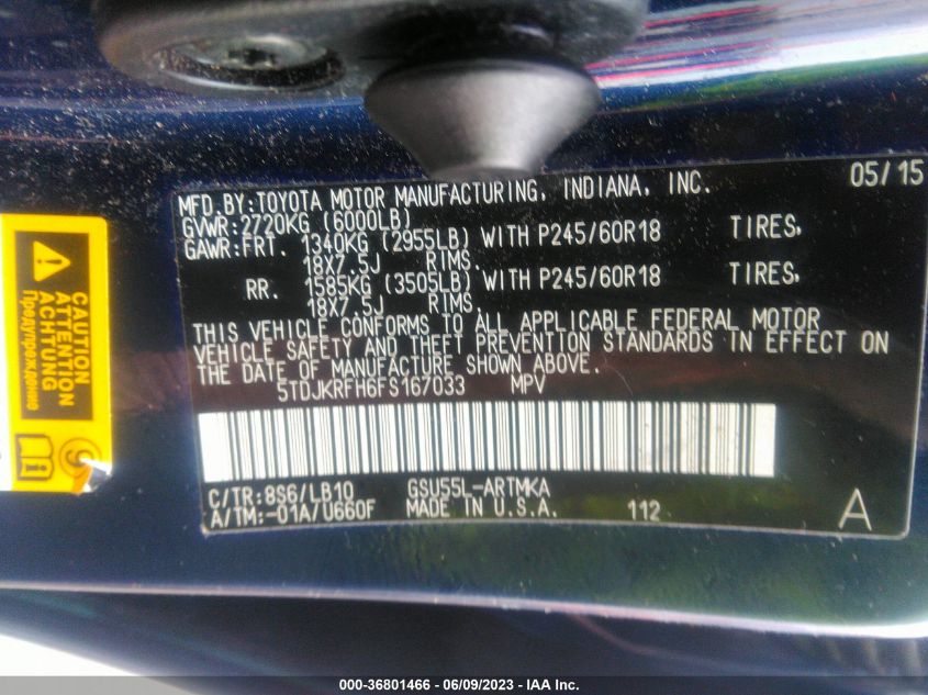 2015 TOYOTA HIGHLANDER XLE - 5TDJKRFH6FS167033