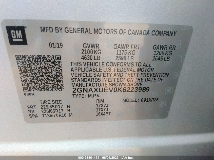 2019 CHEVROLET EQUINOX LT - 2GNAXUEV0K6223989