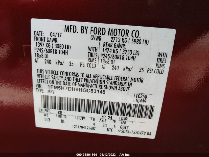 2017 FORD EXPLORER XLT - 1FM5K7DH9HGC83148