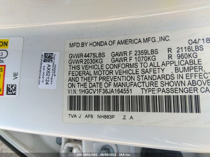 2018 HONDA ACCORD SEDAN SPORT 1.5T - 1HGCV1F36JA164551