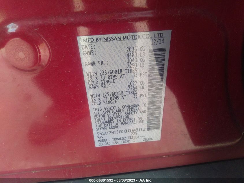 2015 NISSAN ROGUE SV/SL/S - 5N1AT2MT5FC809802