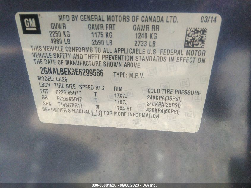 2014 CHEVROLET EQUINOX LT - 2GNALBEK3E6299586