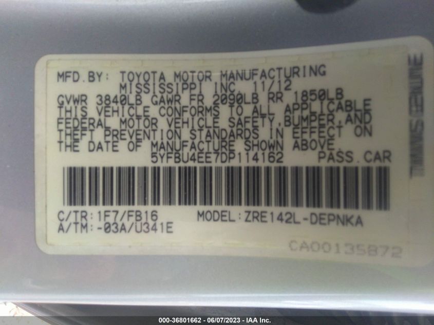 2013 TOYOTA COROLLA L/LE/S - 5YFBU4EE7DP114162