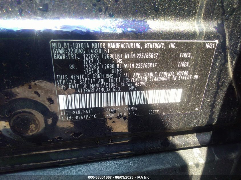 2021 TOYOTA RAV4 HYBRID XLE - 4T3RWRFV1MU036603