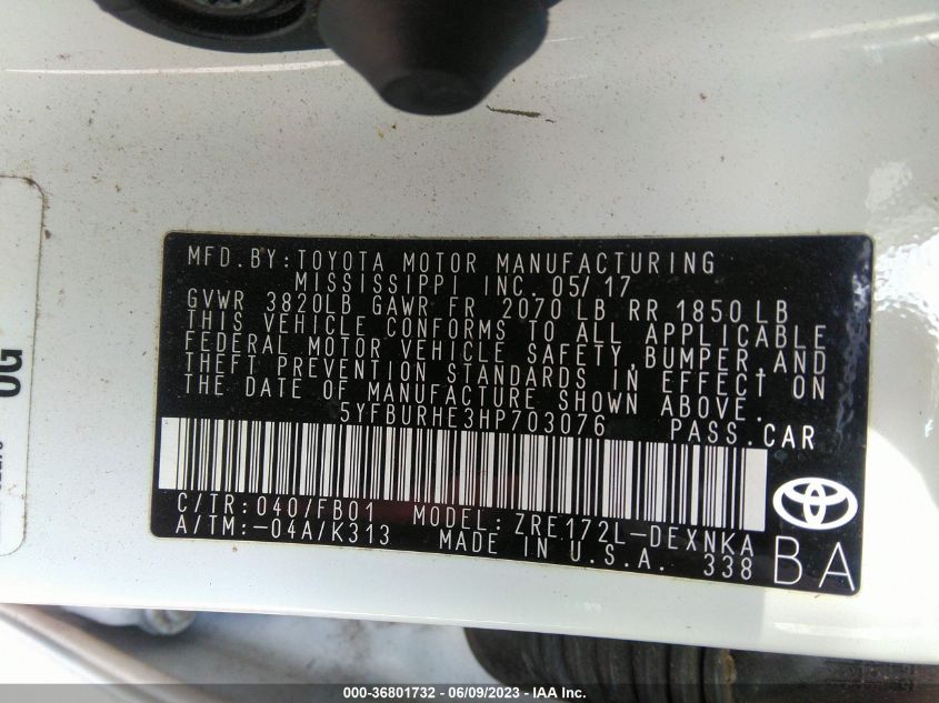 2017 TOYOTA COROLLA L/LE/XLE/SE - 5YFBURHE3HP703076