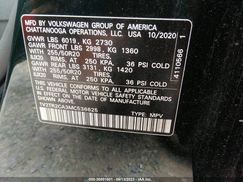 2021 VOLKSWAGEN ATLAS 3.6L V6 SEL PREMIUM - 1V2TR2CA3MC536625