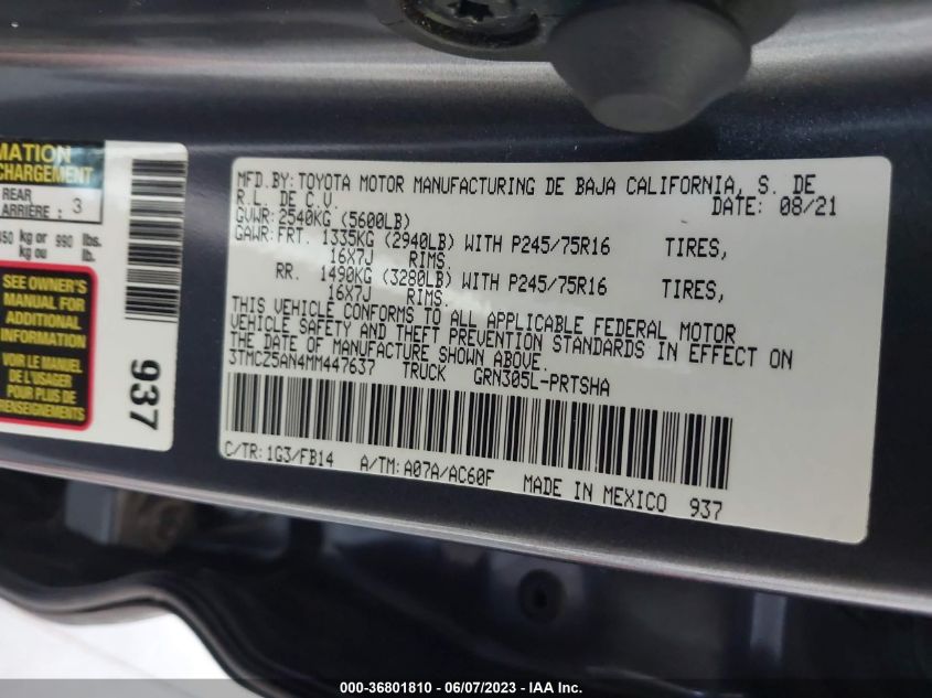 2021 TOYOTA TACOMA 4WD SR/SR5/TRD SPORT - 3TMCZ5AN4MM447637