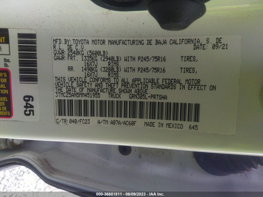 2021 TOYOTA TACOMA 4WD SR/SR5/TRD SPORT - 3TMCZ5AN5MM451955