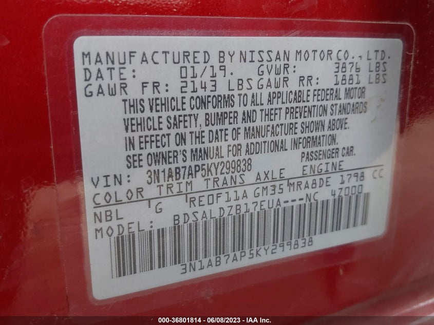 VIN 3N1AB7AP5KY299838 2019 NISSAN SENTRA SV