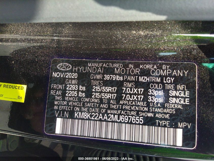 2021 HYUNDAI KONA SEL - KM8K22AA2MU697655