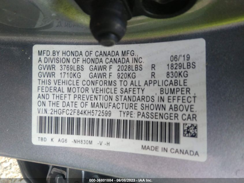2019 HONDA CIVIC SEDAN SPORT - 2HGFC2F84KH572599