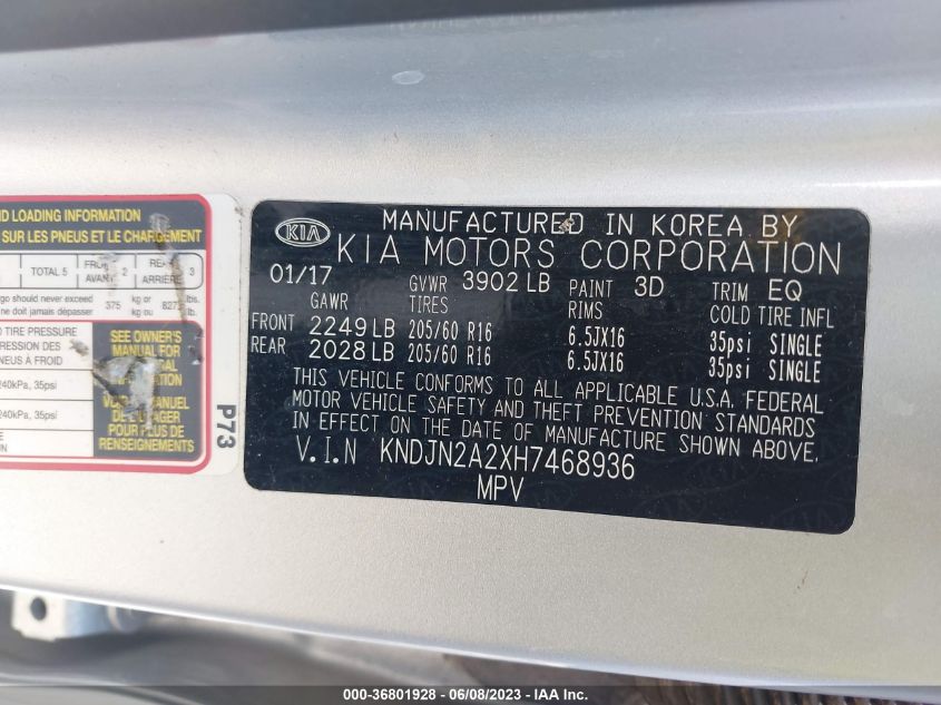 2017 KIA SOUL BASE - KNDJN2A2XH7468936