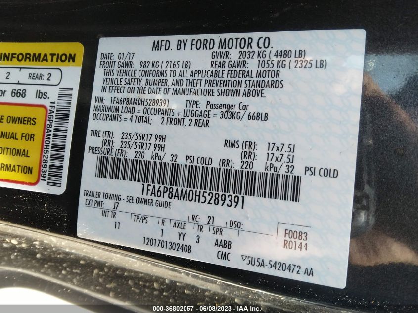 2017 FORD MUSTANG V6 - 1FA6P8AM0H5289391