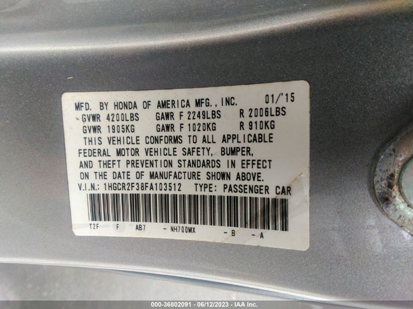 2015 HONDA ACCORD SEDAN LX - 1HGCR2F38FA103512