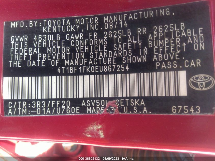 2014 TOYOTA CAMRY L/SE/LE/XLE - 4T1BF1FK0EU867254