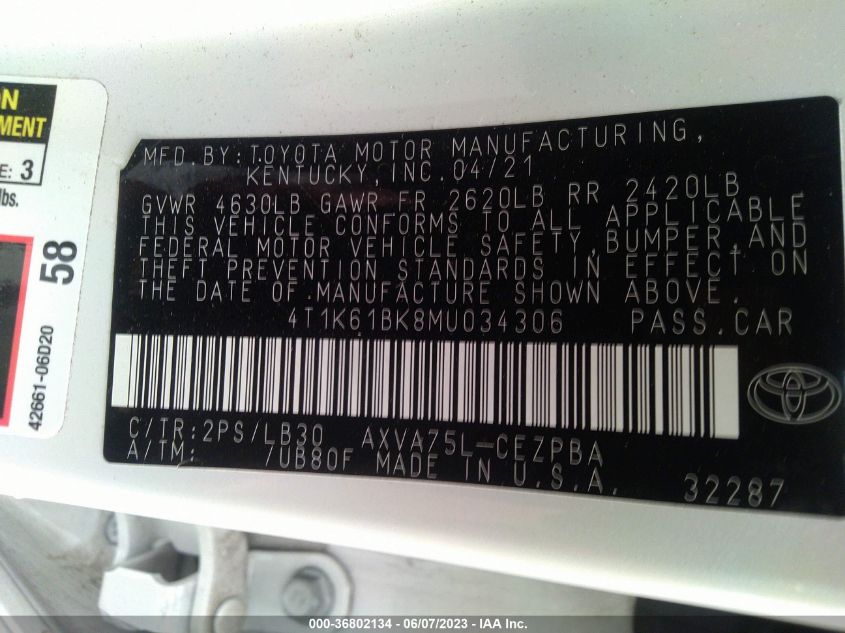 2021 TOYOTA CAMRY XSE - 4T1K61BK8MU034306