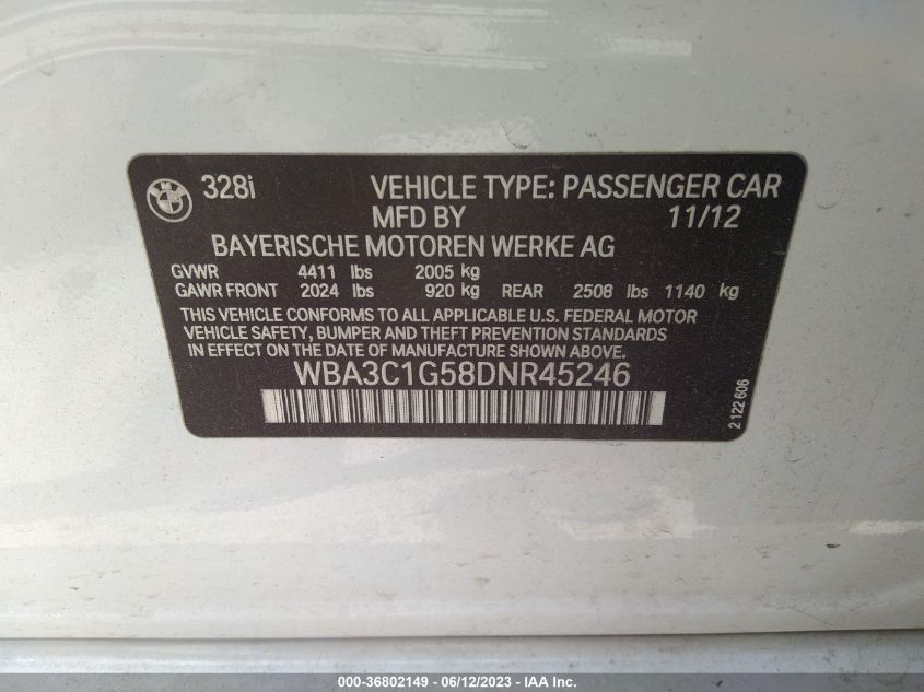 2013 BMW 3 SERIES 328I - WBA3C1G58DNR45246