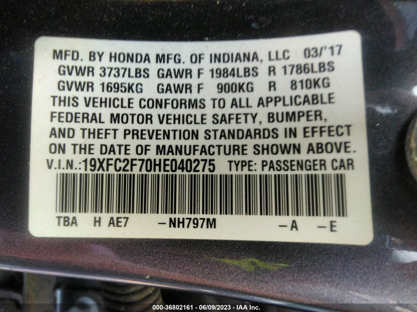 VIN 19XFC2F70HE040275 2017 HONDA CIVIC SEDAN EX