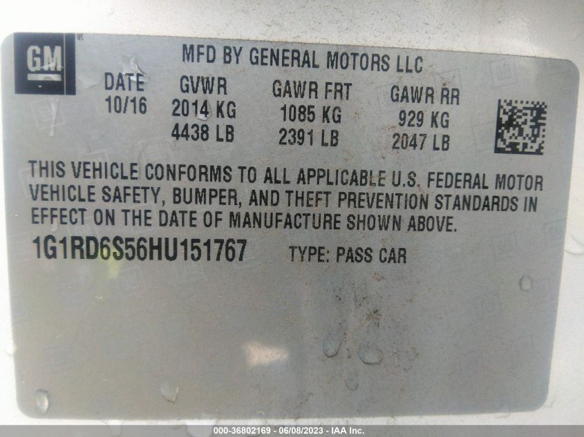 2017 CHEVROLET VOLT PREMIER - 1G1RD6S56HU151767