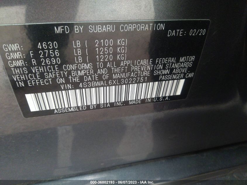 2020 SUBARU LEGACY LIMITED - 4S3BWAL6XL3022751