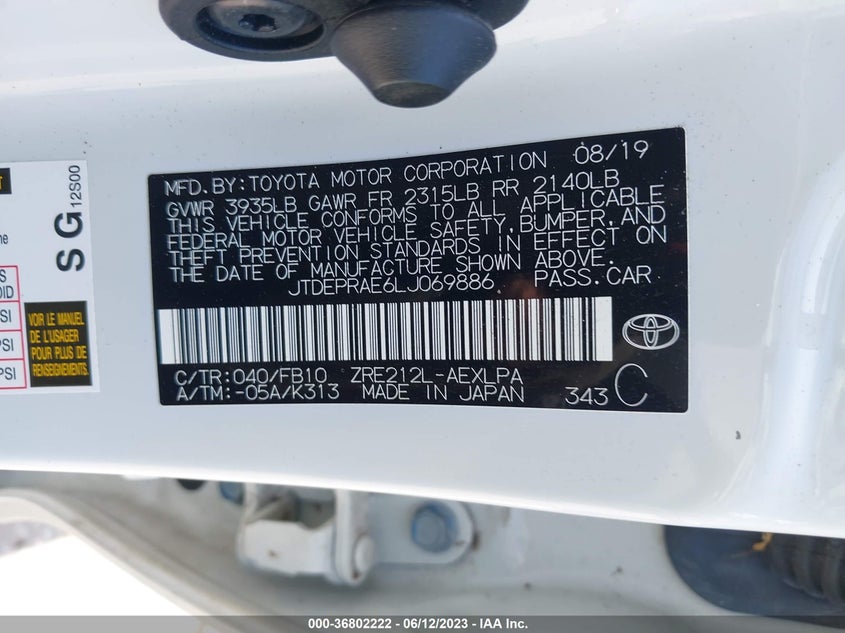 VIN JTDEPRAE6LJ069886 2020 TOYOTA COROLLA LE