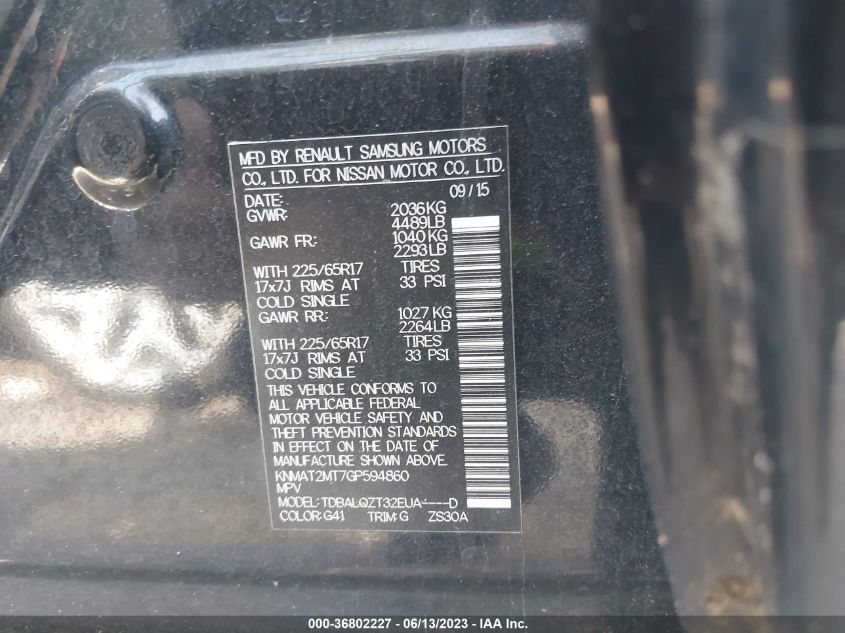 2016 NISSAN ROGUE SV - KNMAT2MT7GP594860