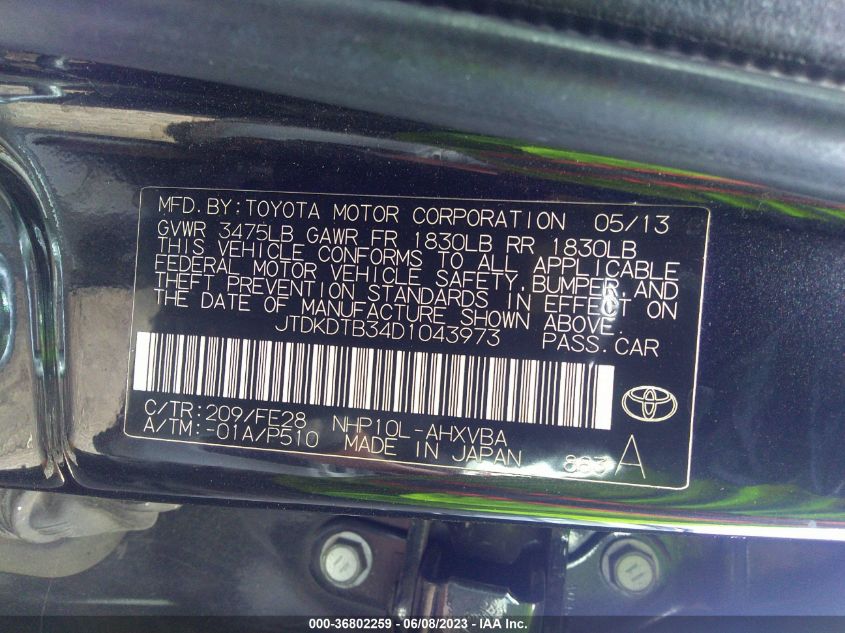 2013 TOYOTA PRIUS C ONE/TWO/THREE/FOUR - JTDKDTB34D1043973
