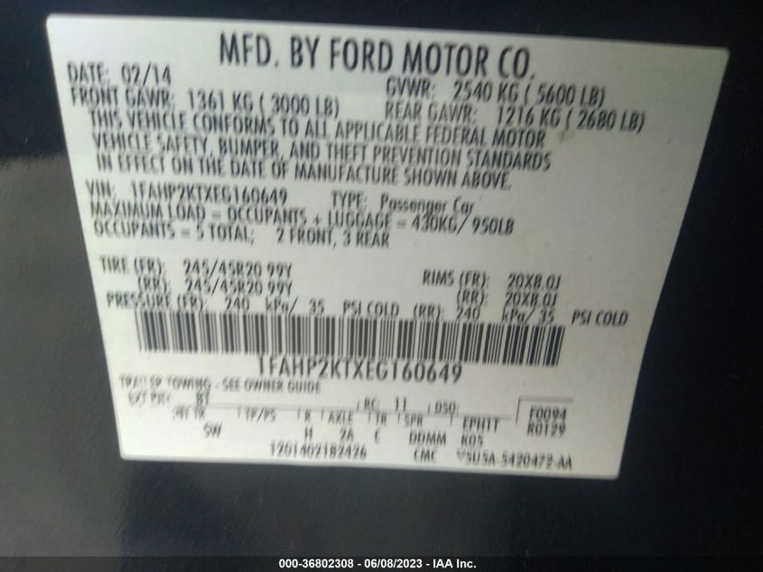 2014 FORD TAURUS SHO - 1FAHP2KTXEG160649