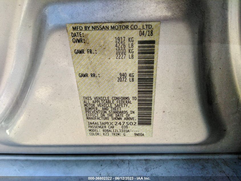 2018 NISSAN ALTIMA 2.5 SV - 1N4AL3AP9JC247502