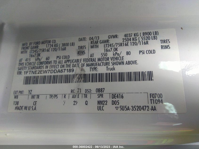 2013 FORD ECONOLINE CARGO VAN COMMERCIAL/RECREATIONAL 1FTNE2EW7DDA67189
