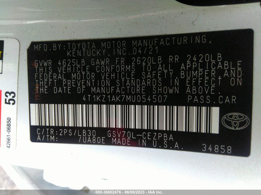 2021 TOYOTA CAMRY V6 - 4T1KZ1AK7MU054507