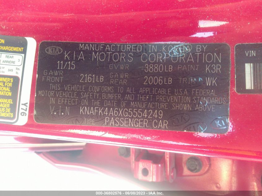 2016 KIA FORTE LX - KNAFK4A6XG5554249