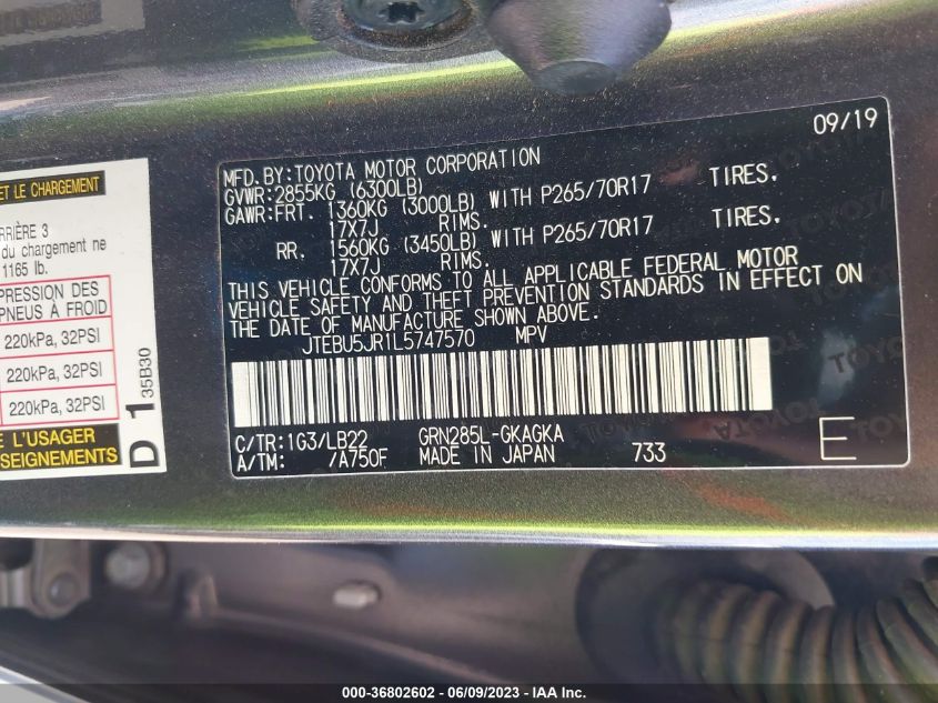 2020 TOYOTA 4RUNNER SR5/SR5 PREMIUM/VENTURE/L - JTEBU5JR1L5747570