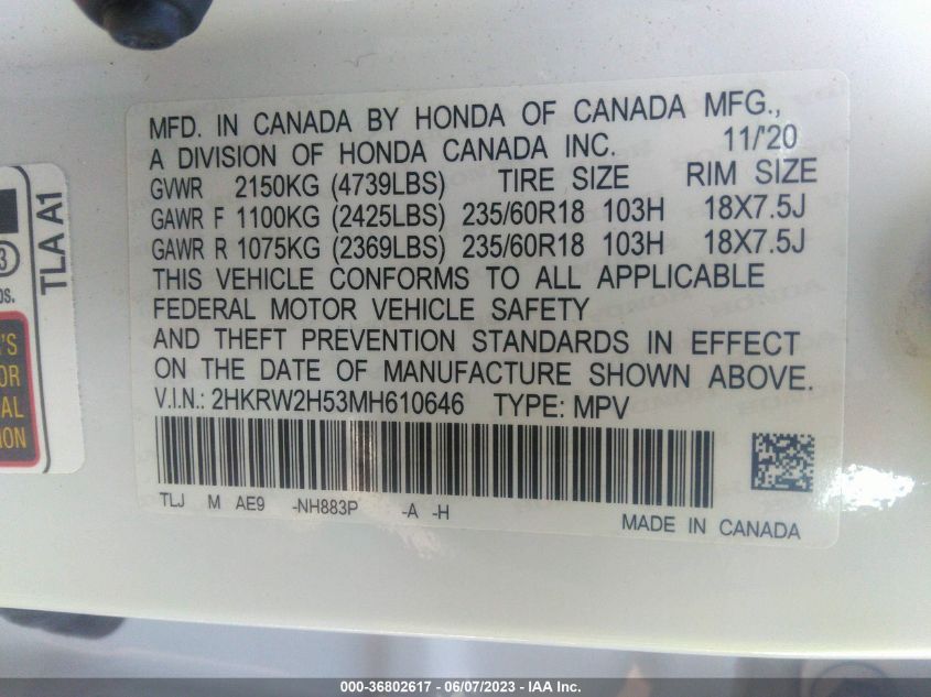 2021 HONDA CR-V EX - 2HKRW2H53MH610646