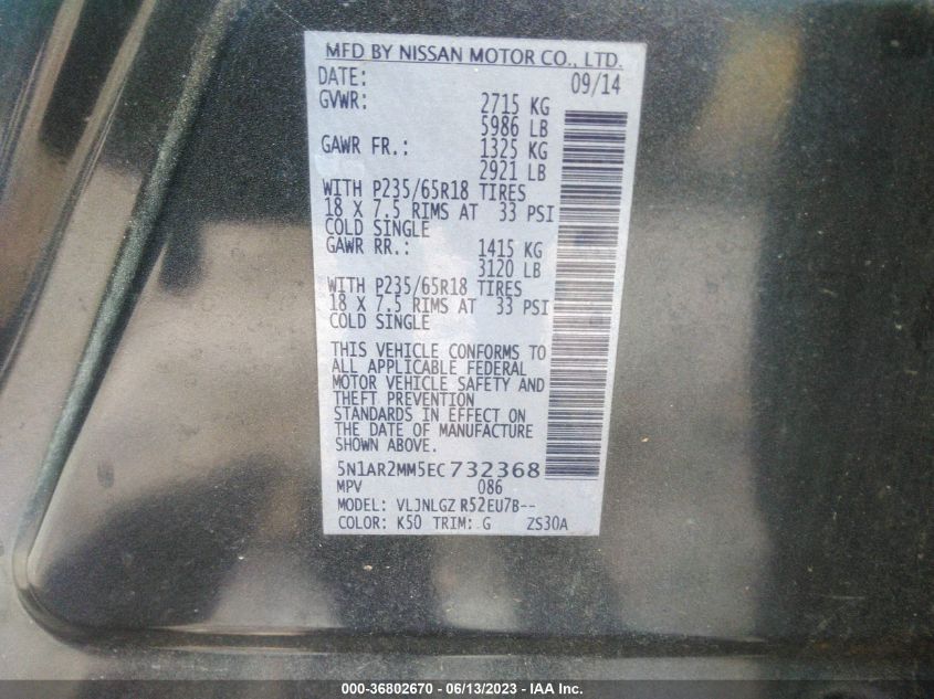2014 NISSAN PATHFINDER S/SV/SL/PLATINUM - 5N1AR2MM5EC732368