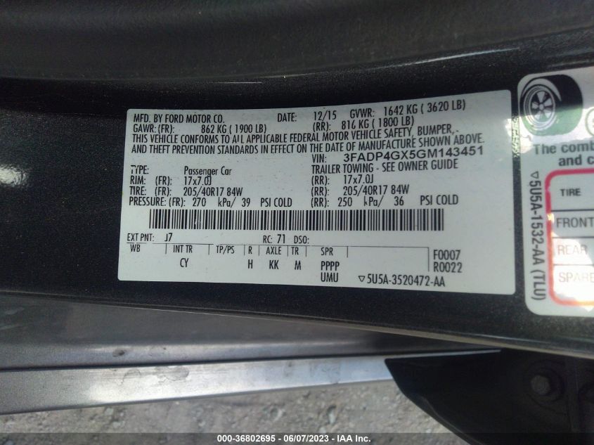 2016 FORD FIESTA ST - 3FADP4GX5GM143451