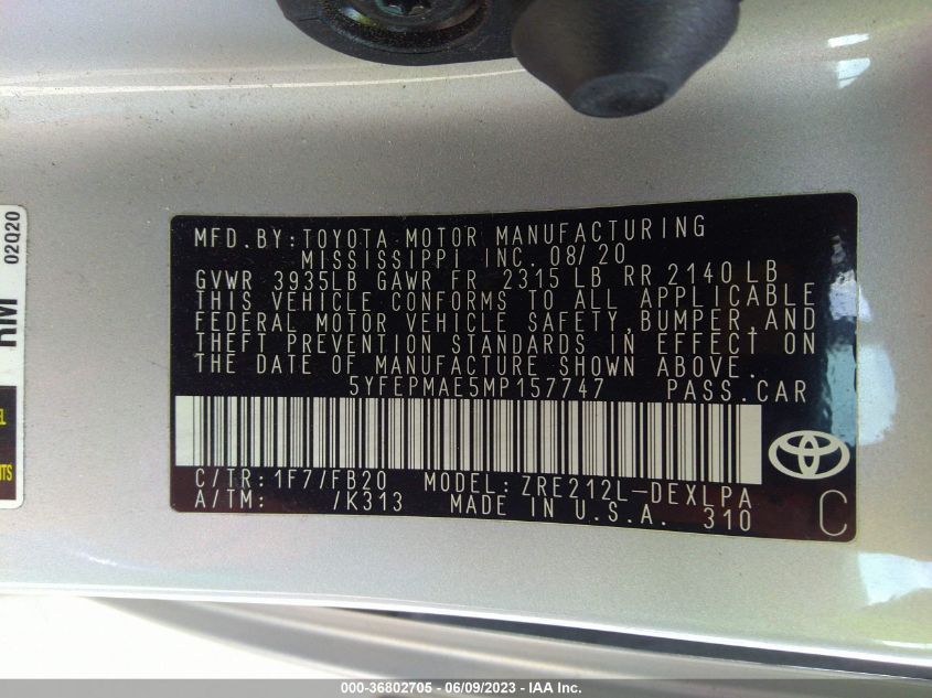 2021 TOYOTA COROLLA LE - 5YFEPMAE5MP157747