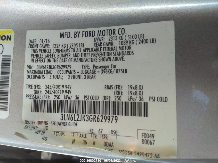 2016 LINCOLN MKZ - 3LN6L2JK3GR629979