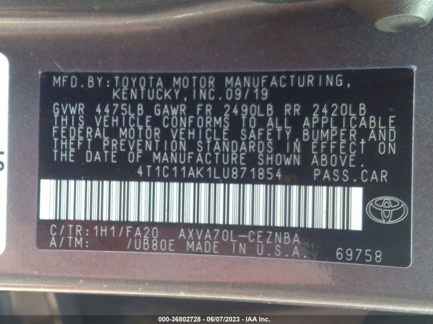 2020 TOYOTA CAMRY LE - 4T1C11AK1LU871854