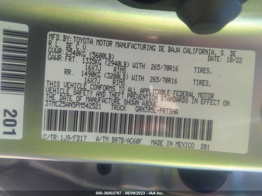 2023 TOYOTA TACOMA 4WD SR/SR5/TRD SPORT - 3TMCZ5AN5PM542521