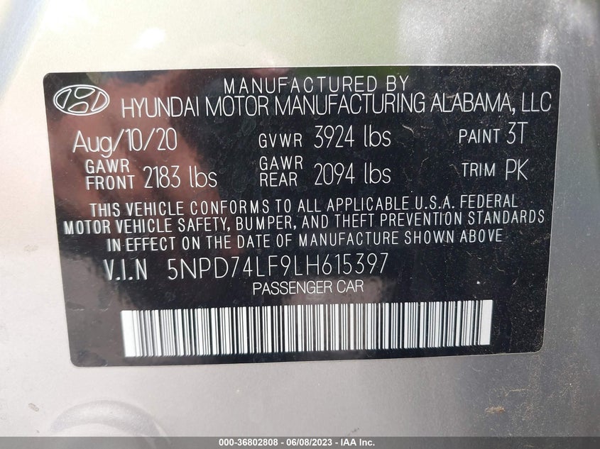 VIN 5NPD74LF9LH615397 2020 HYUNDAI ELANTRA SE