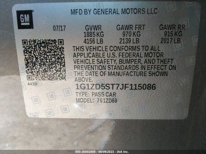 2018 CHEVROLET MALIBU LT - 1G1ZD5ST7JF115086