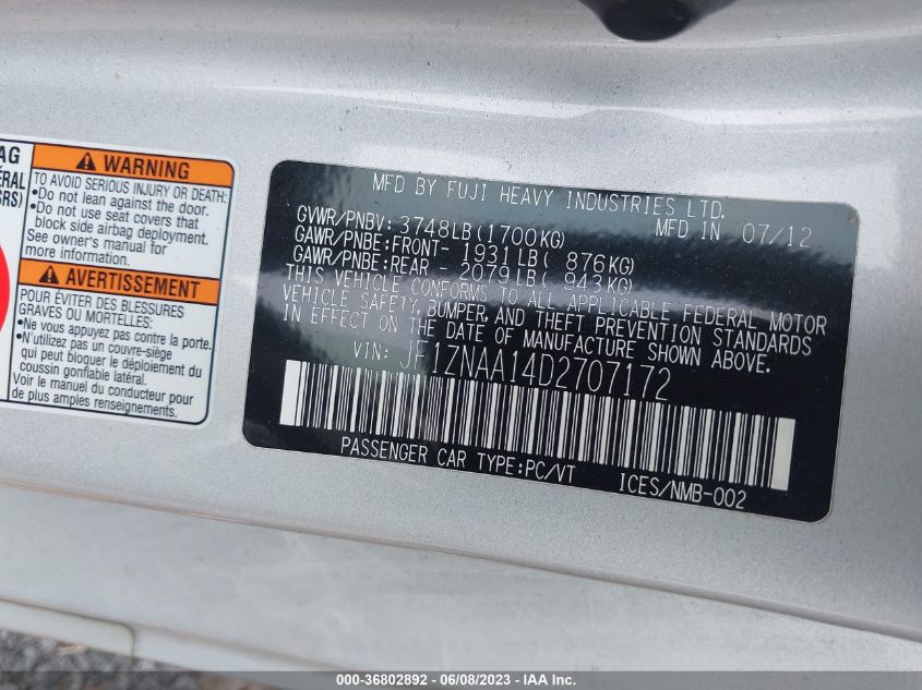 2013 TOYOTA SCION FR-S JF1ZNAA14D2707172